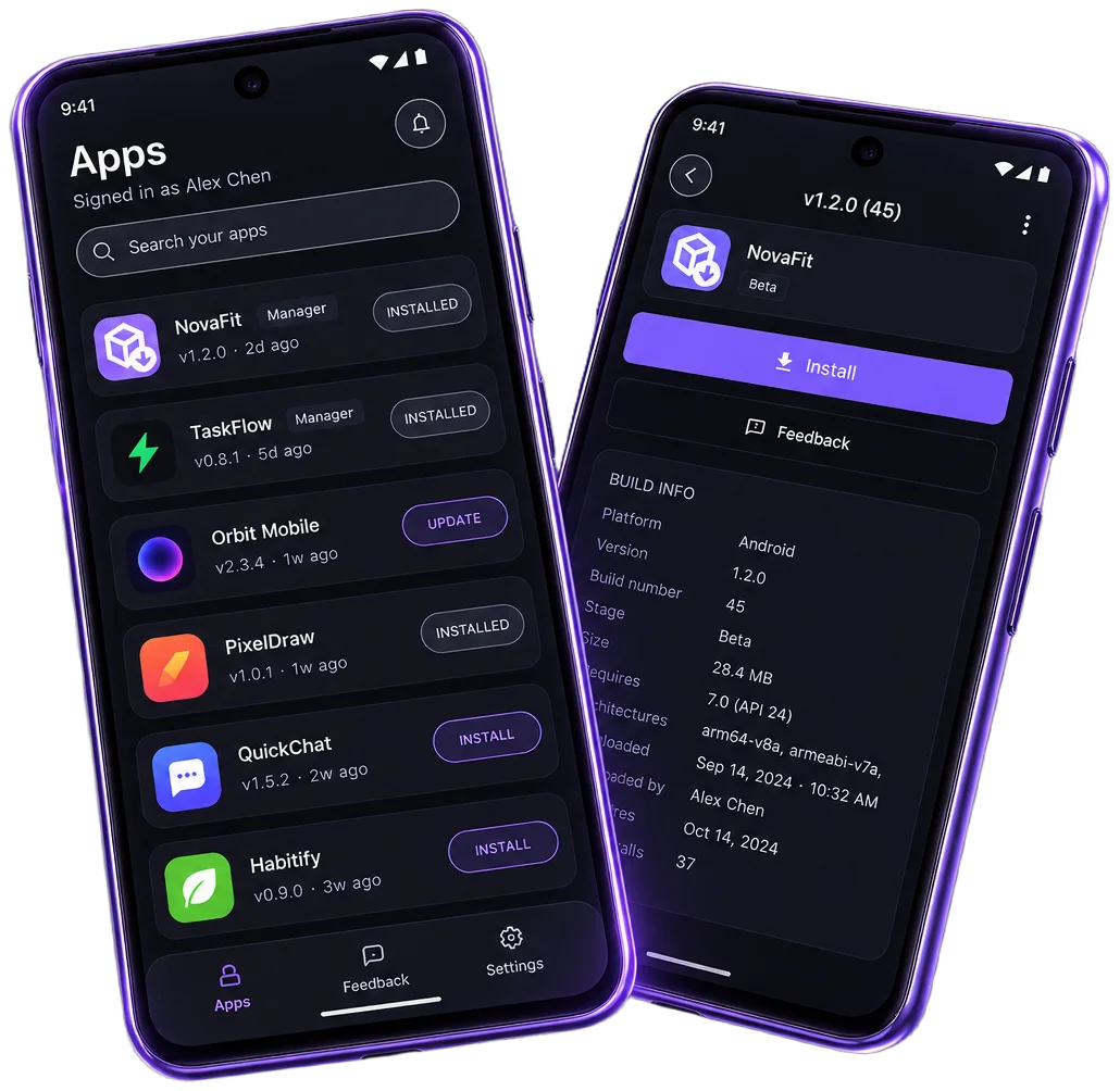 App Dropper on Android: the Apps list with Install and Update buttons, and a build's detail page