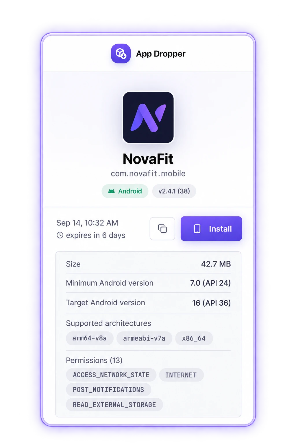 Share page with the app icon, name, version, install button, size, Android versions, architectures and permissions